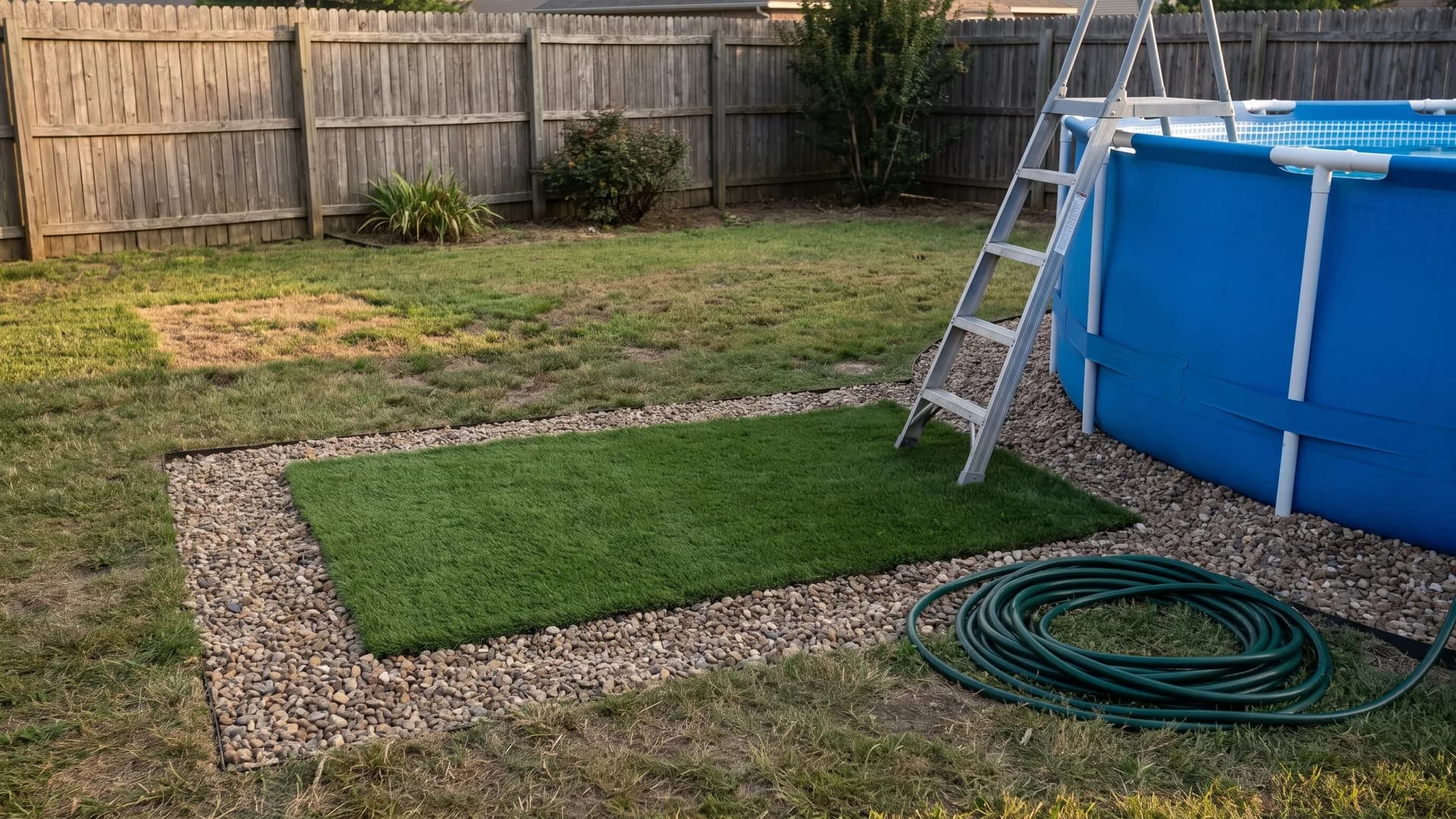Artificial turf landing zone beside an above ground pool ladder with a clean edge