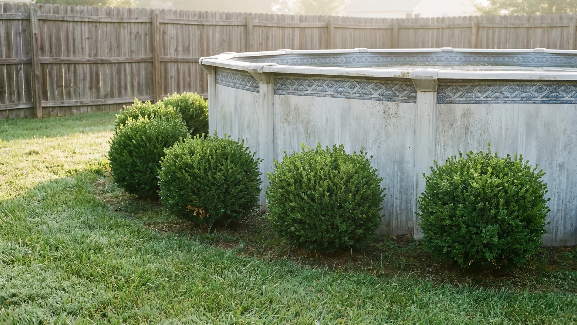 Green Velvet boxwood shrubs planted in a curve near an above ground pool