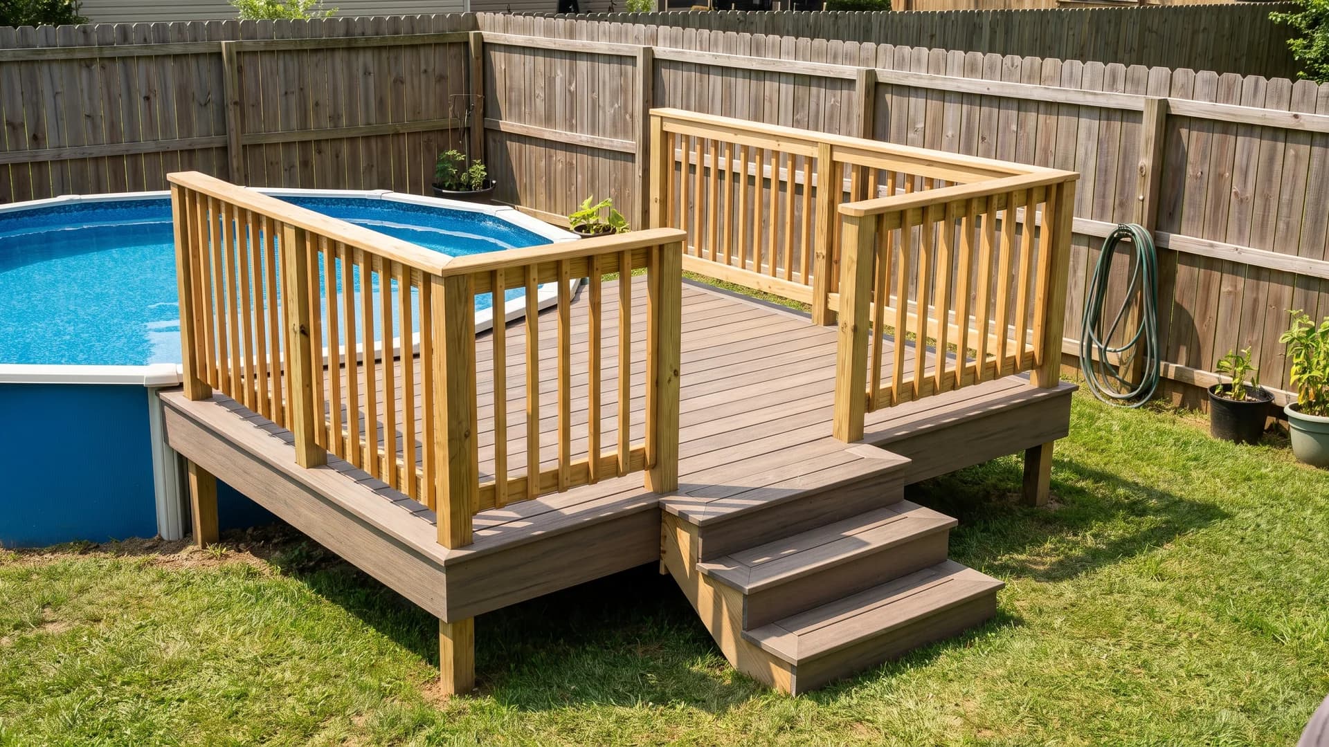 Small composite deck platform attached to one side of an above ground pool
