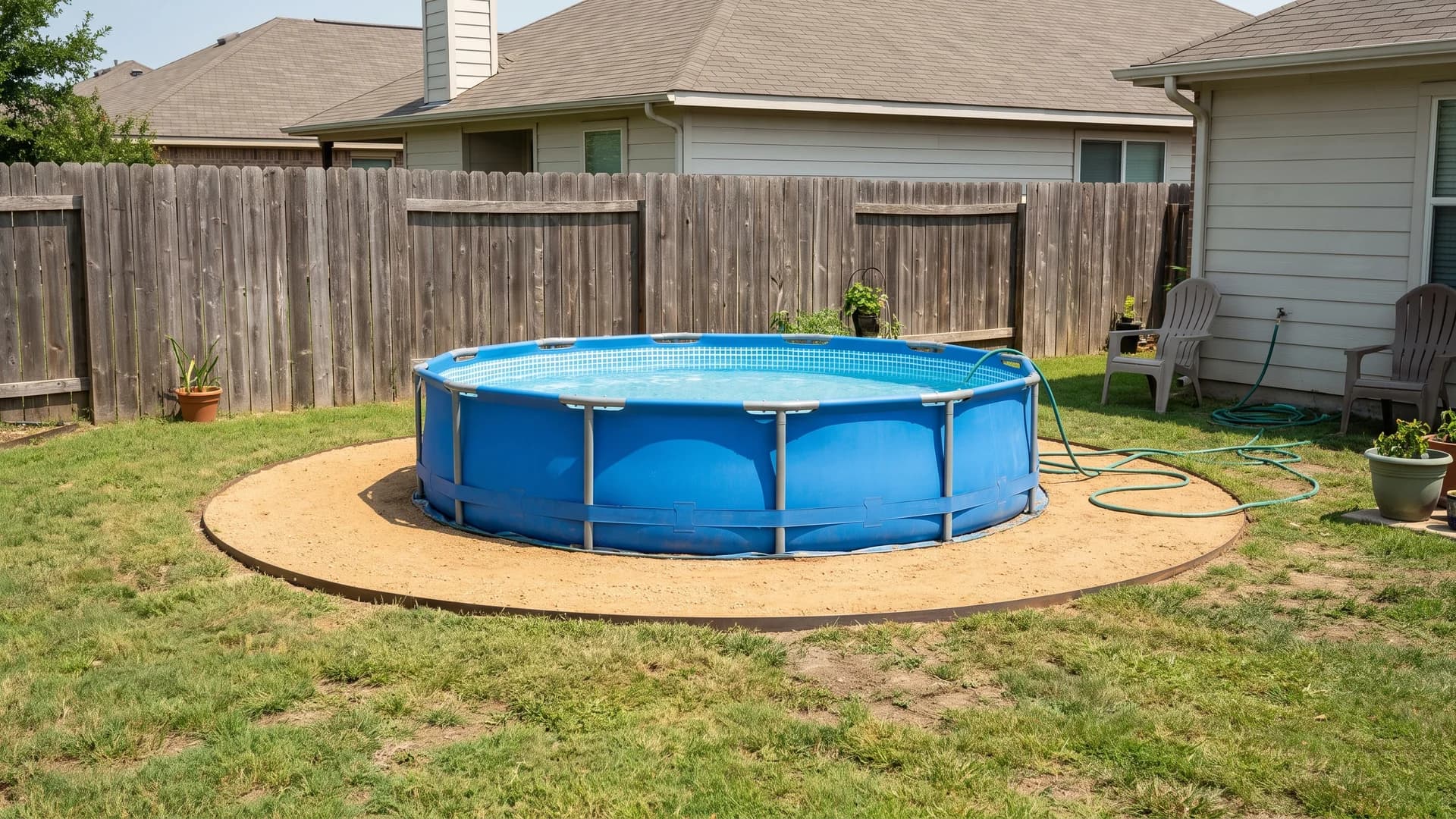 Low maintenance landscaping around an above ground pool with a compacted decomposed granite apron