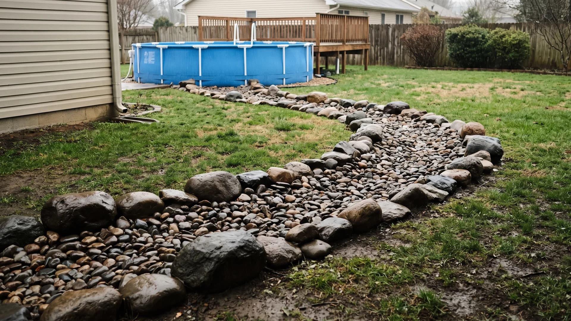 River rock dry creek bed curving away from an above ground pool through a lawn