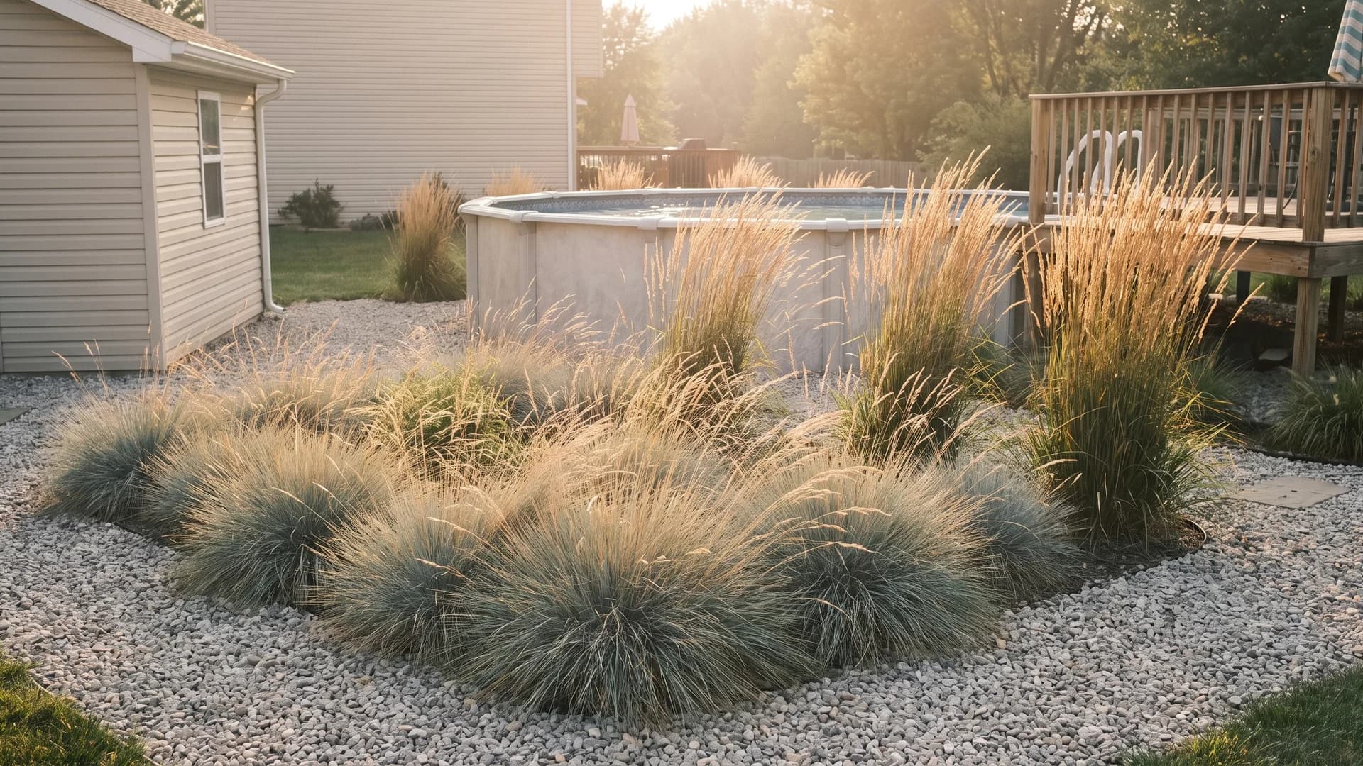 Blue fescue and switchgrass growing from gravel pockets beside an above ground pool