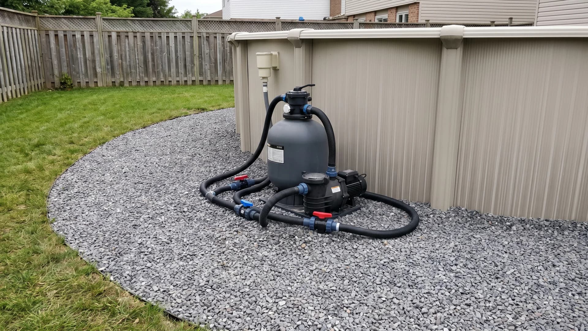 Crushed gravel service strip around the pump and filter of an above ground pool