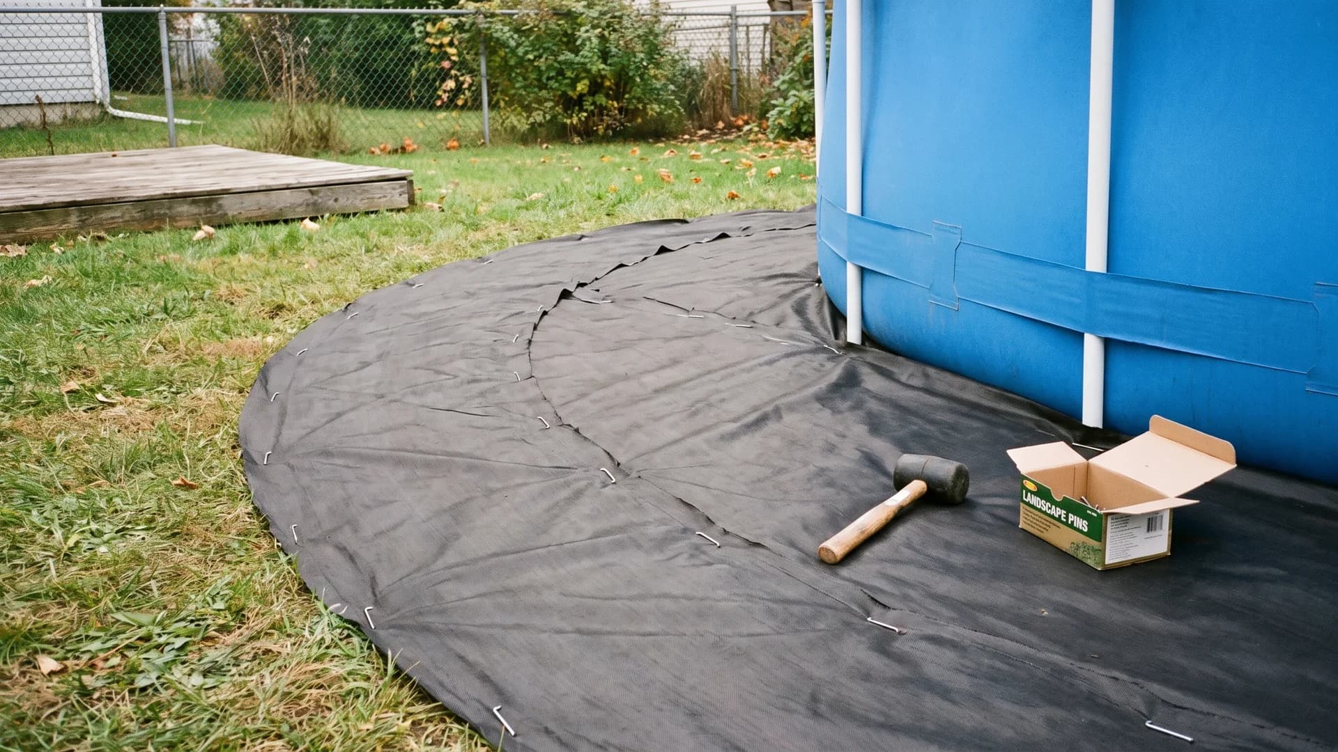 Commercial landscape fabric pinned around an above ground pool before rock installation