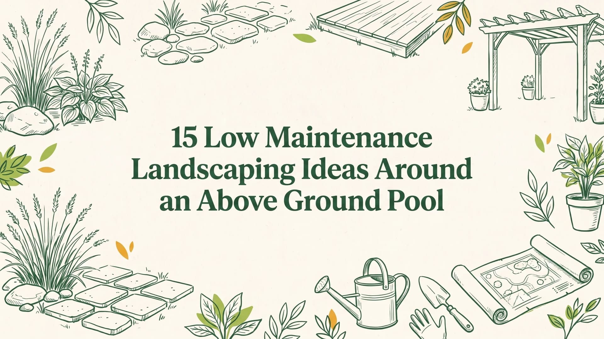 Low maintenance landscaping around an above ground pool with a rock border and evergreen shrubs