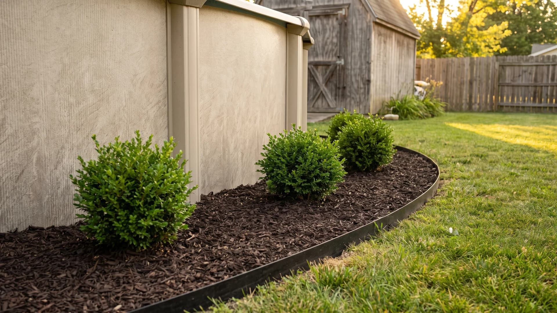 Dark rubber mulch bed with shrubs beside an above ground pool