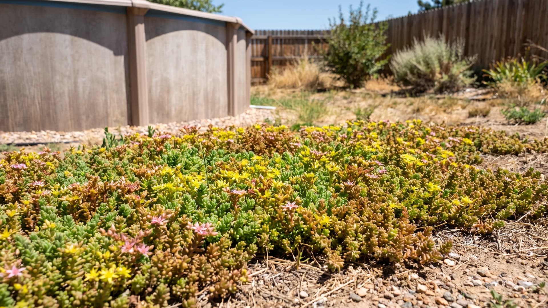 Low sedum groundcover mat spreading beside an above ground pool on a sunny day