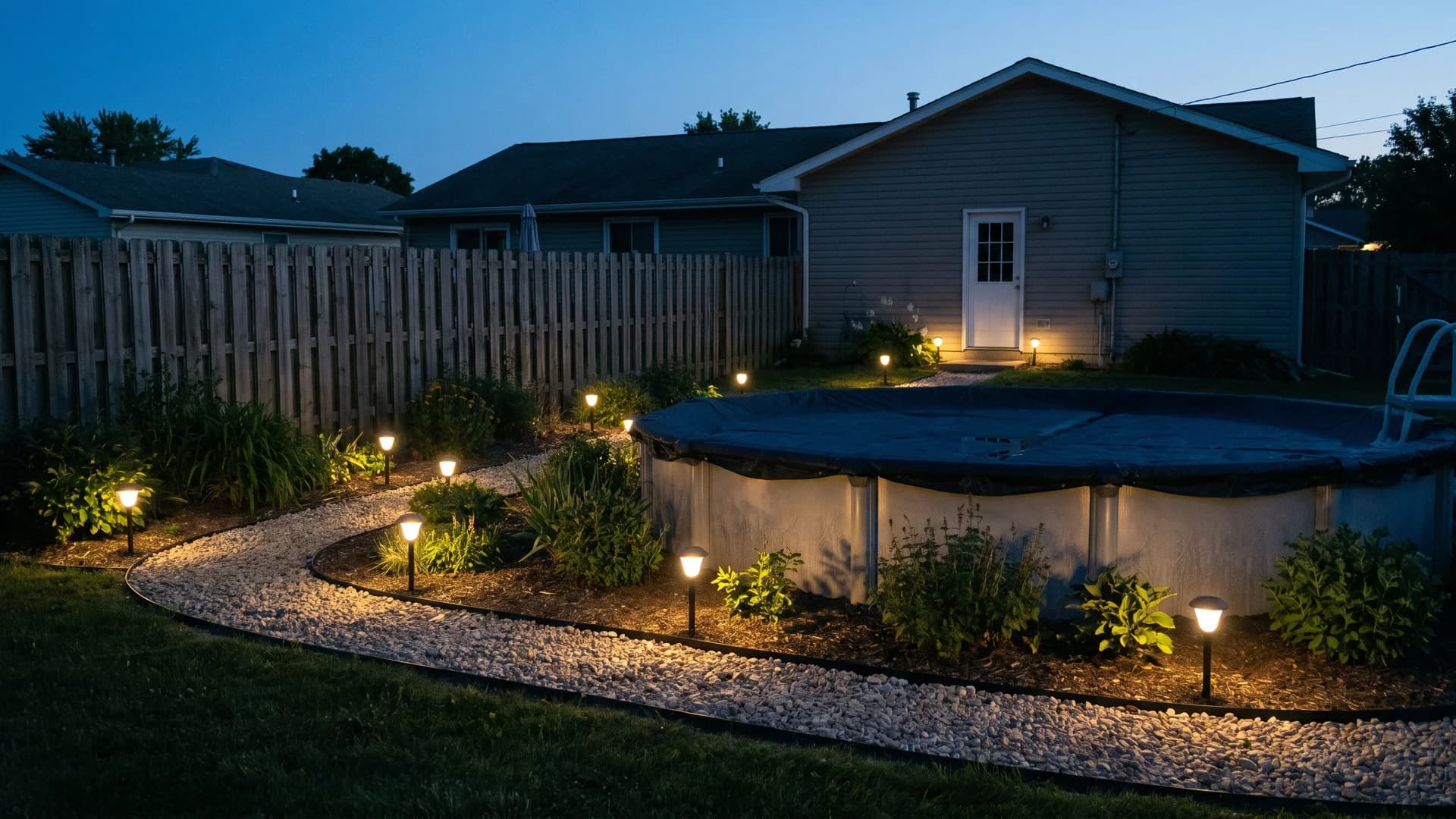 Solar path lights glowing along a gravel border around an above ground pool at dusk