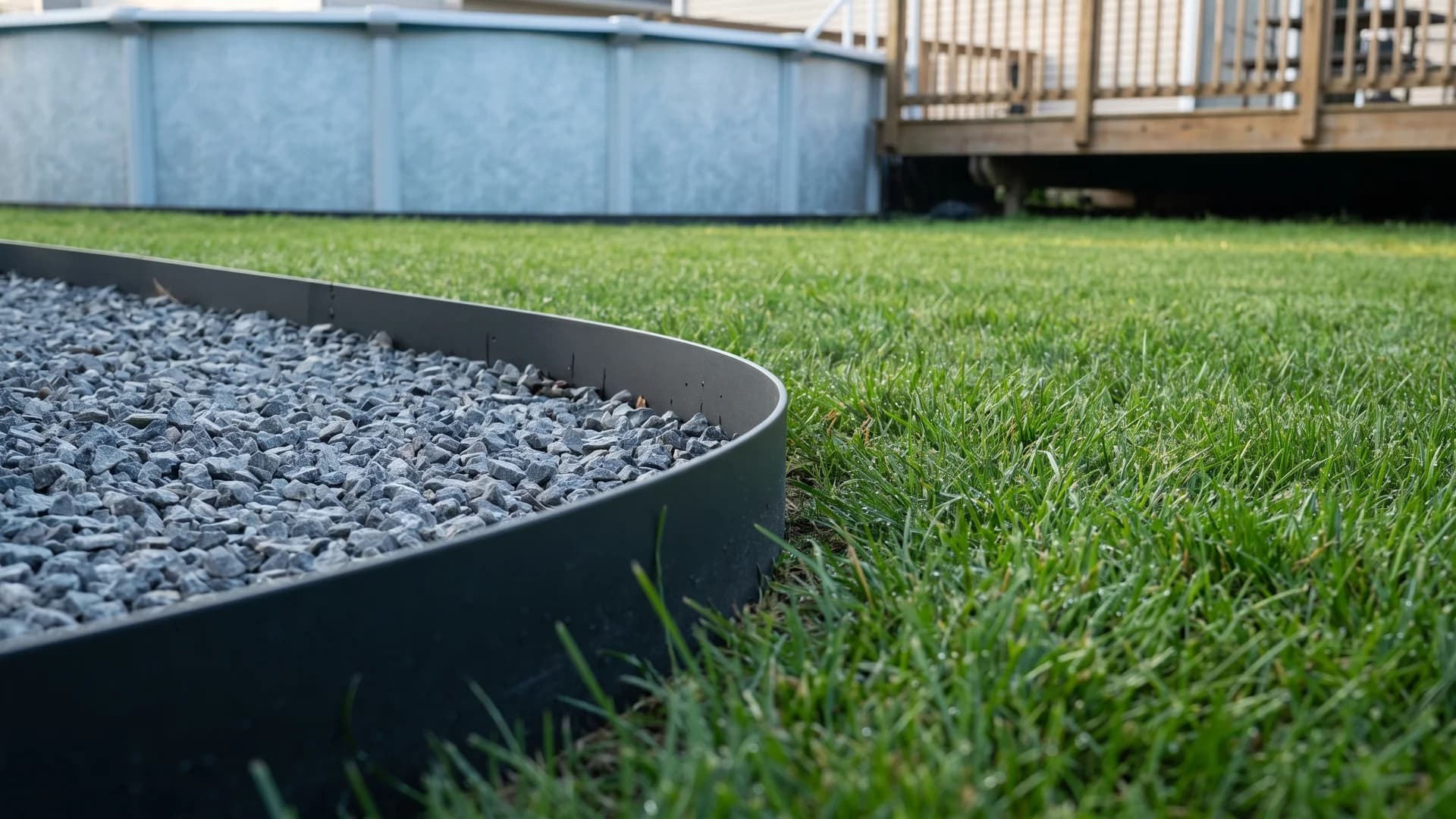 Steel landscape edging separating gravel from lawn in a curve around a pool area