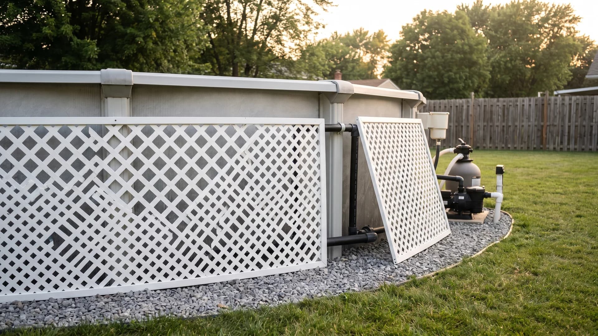 White vinyl lattice skirting hiding the base of an above ground pool wall