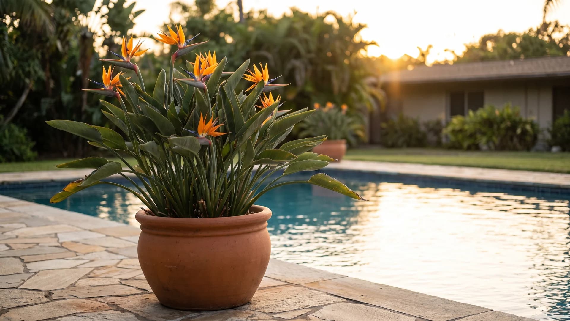 Bird of paradise plant with orange flowers in a pot beside a pool