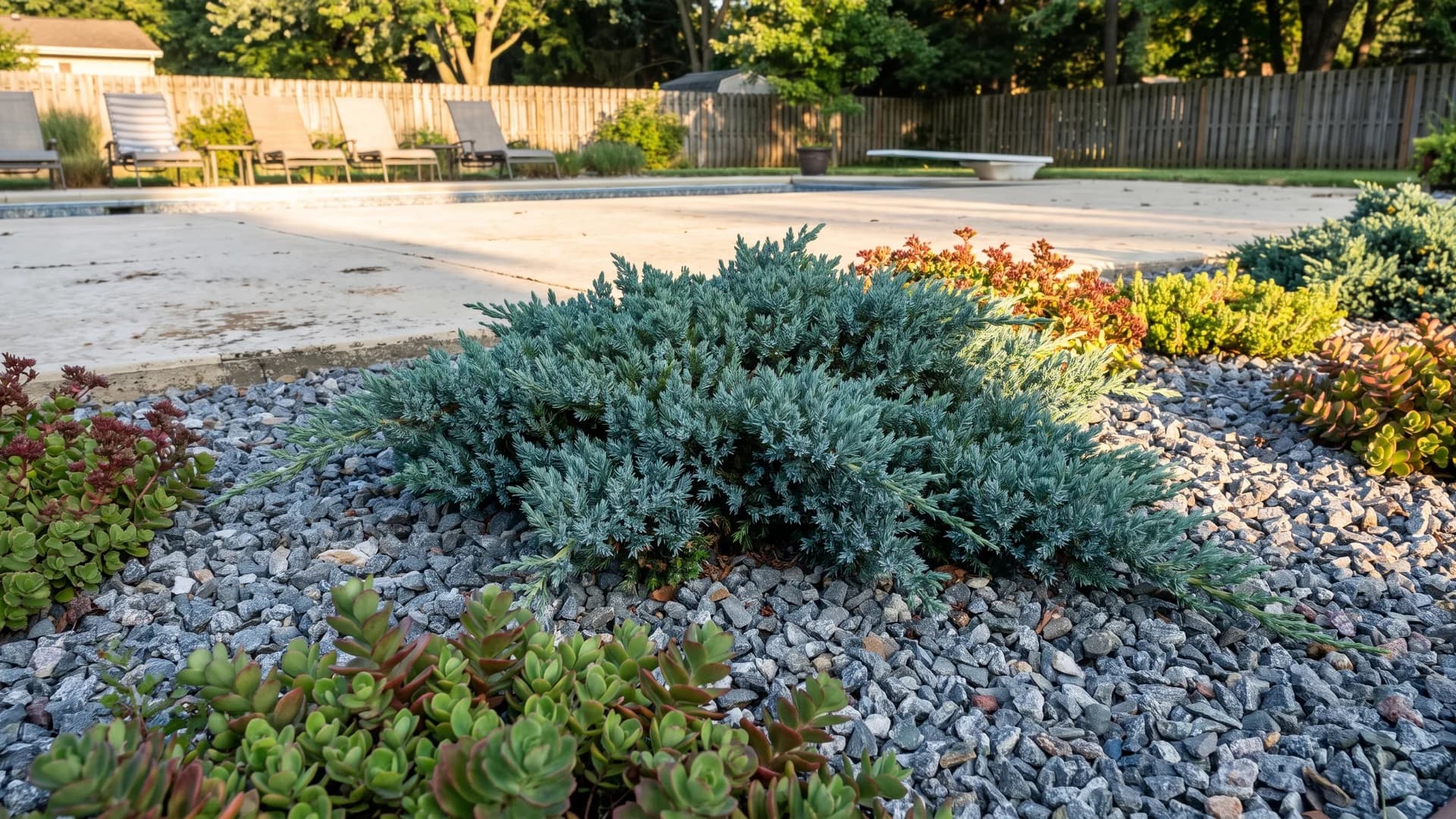 Blue Star juniper with steel blue needles in a rock bed near a pool