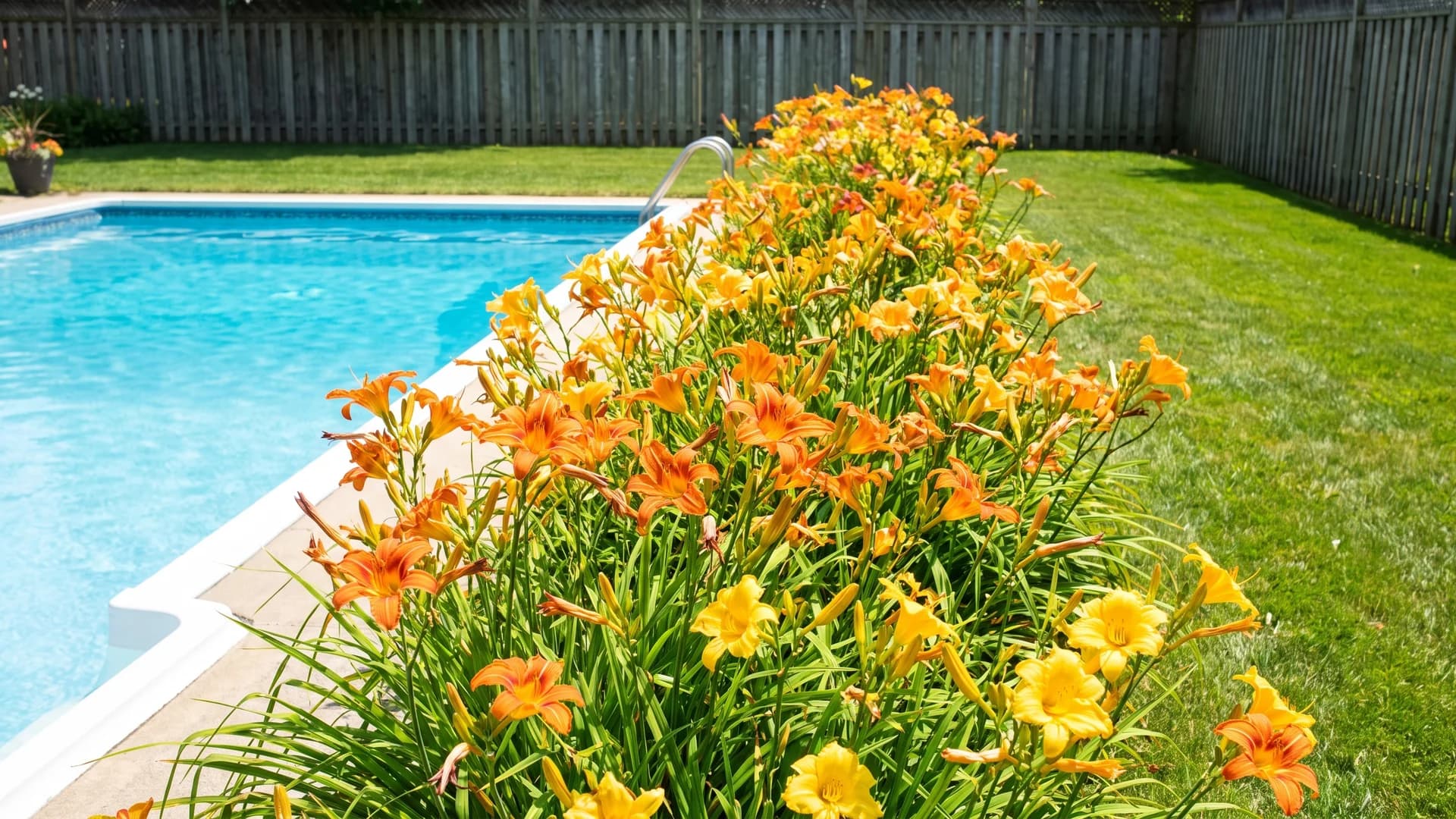Orange daylilies blooming in a border near a backyard pool