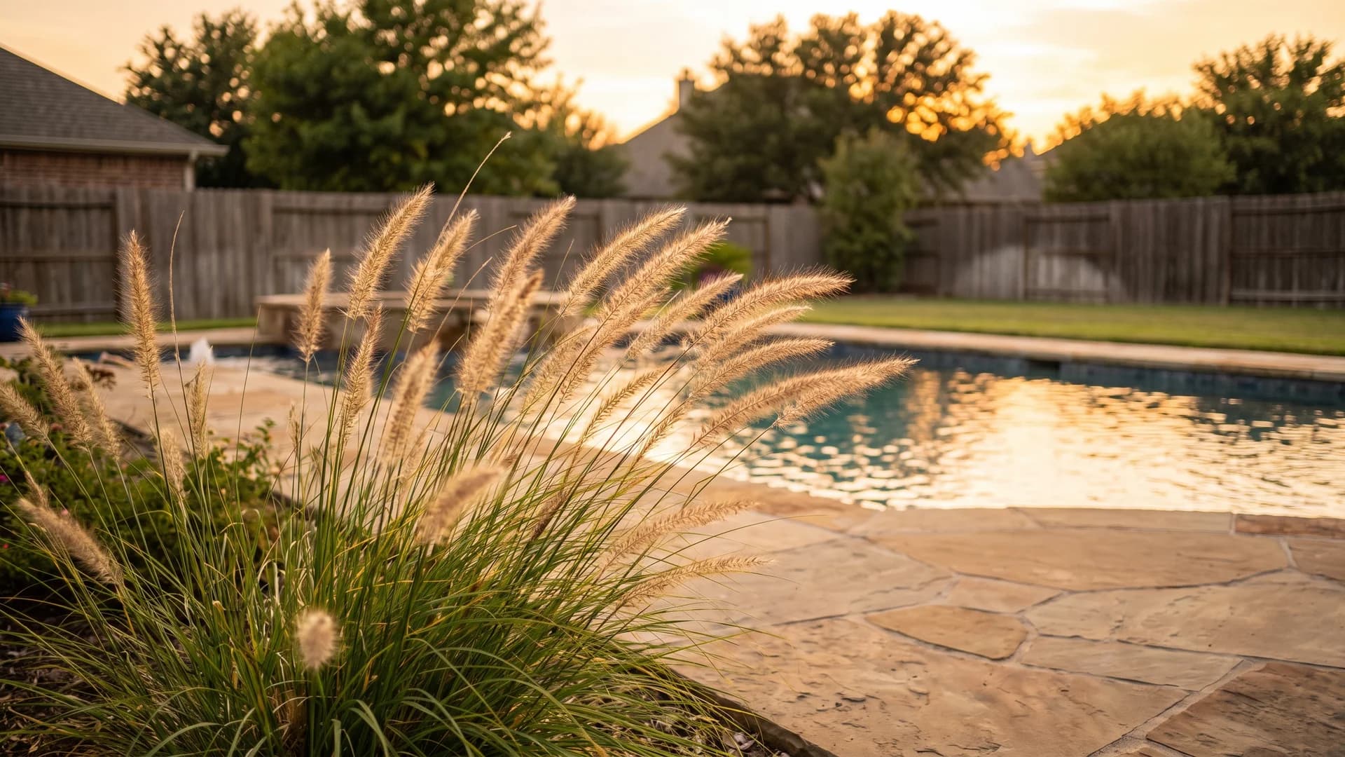Low maintenance pool landscaping plants: fountain grass swaying beside a pool deck