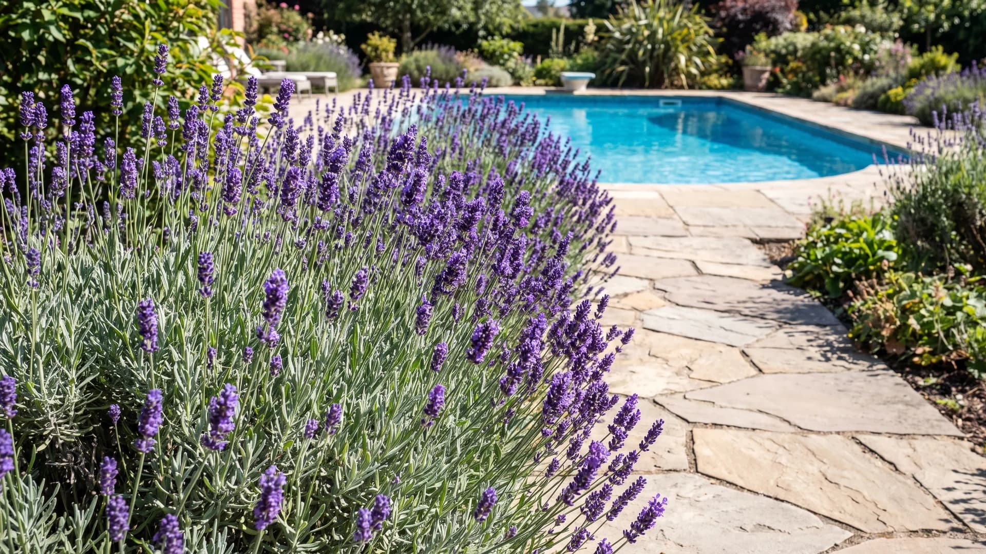 Lavender border along a stone path to a pool