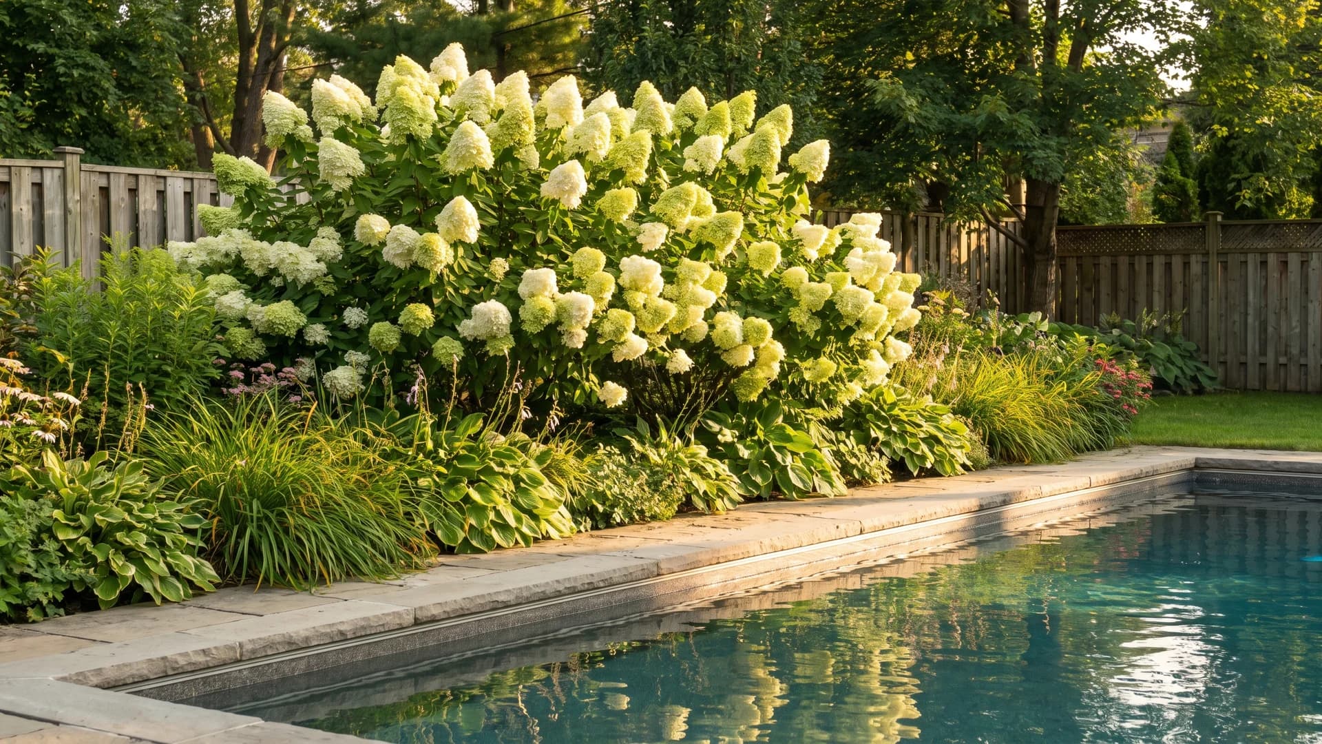 Limelight panicle hydrangea with large green-white blooms behind a pool area