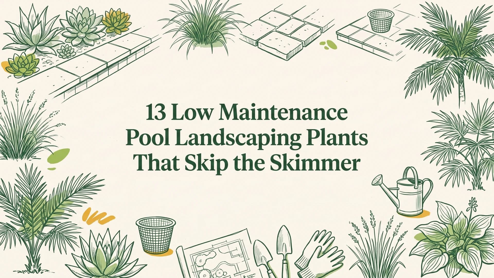 Low maintenance pool landscaping plants with ornamental grasses and evergreens beside a backyard pool