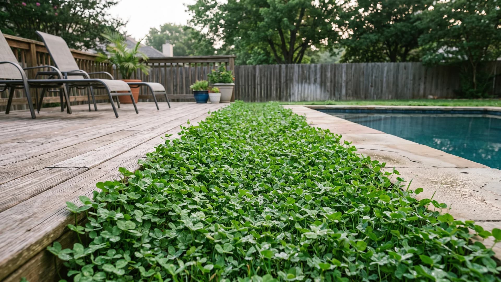 Low miniclover lawn strip beside a pool deck