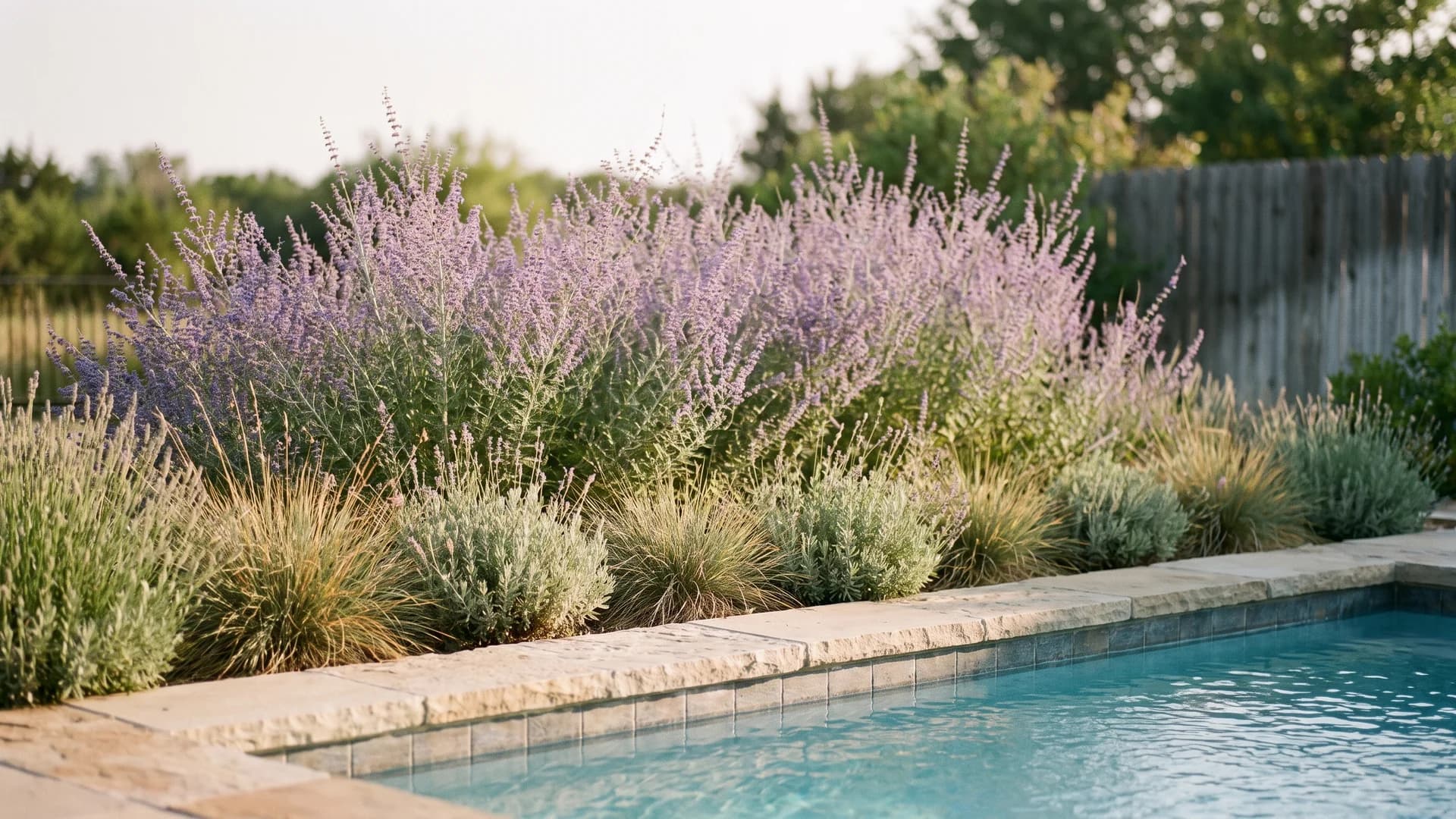 Tall airy Russian sage blooming purple behind a pool bed