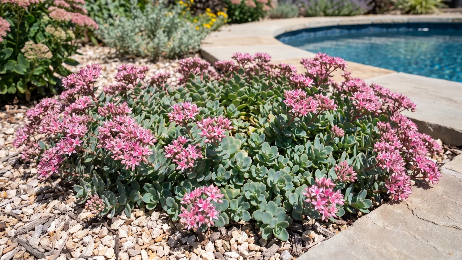 Sedum Pool Party groundcover blooming at the edge of a pool planting bed
