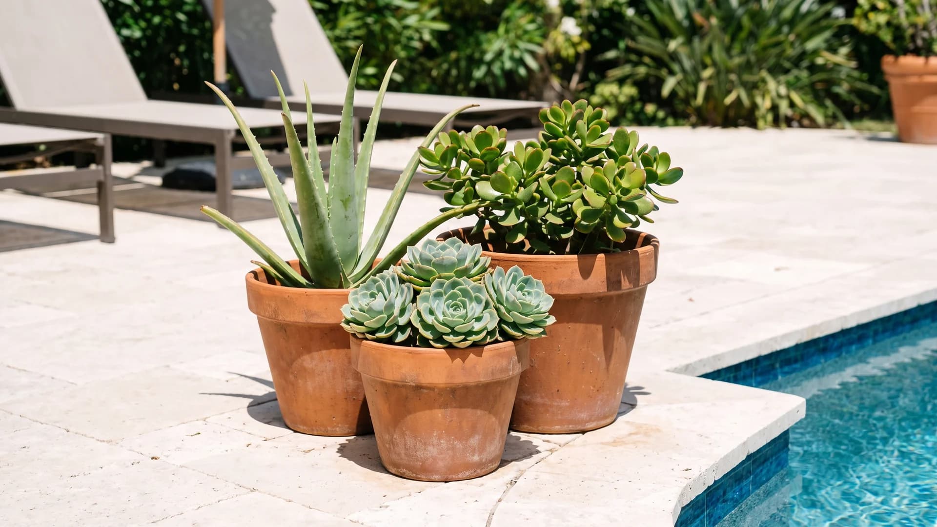 Aloe and echeveria succulents in pots grouped on a pool deck