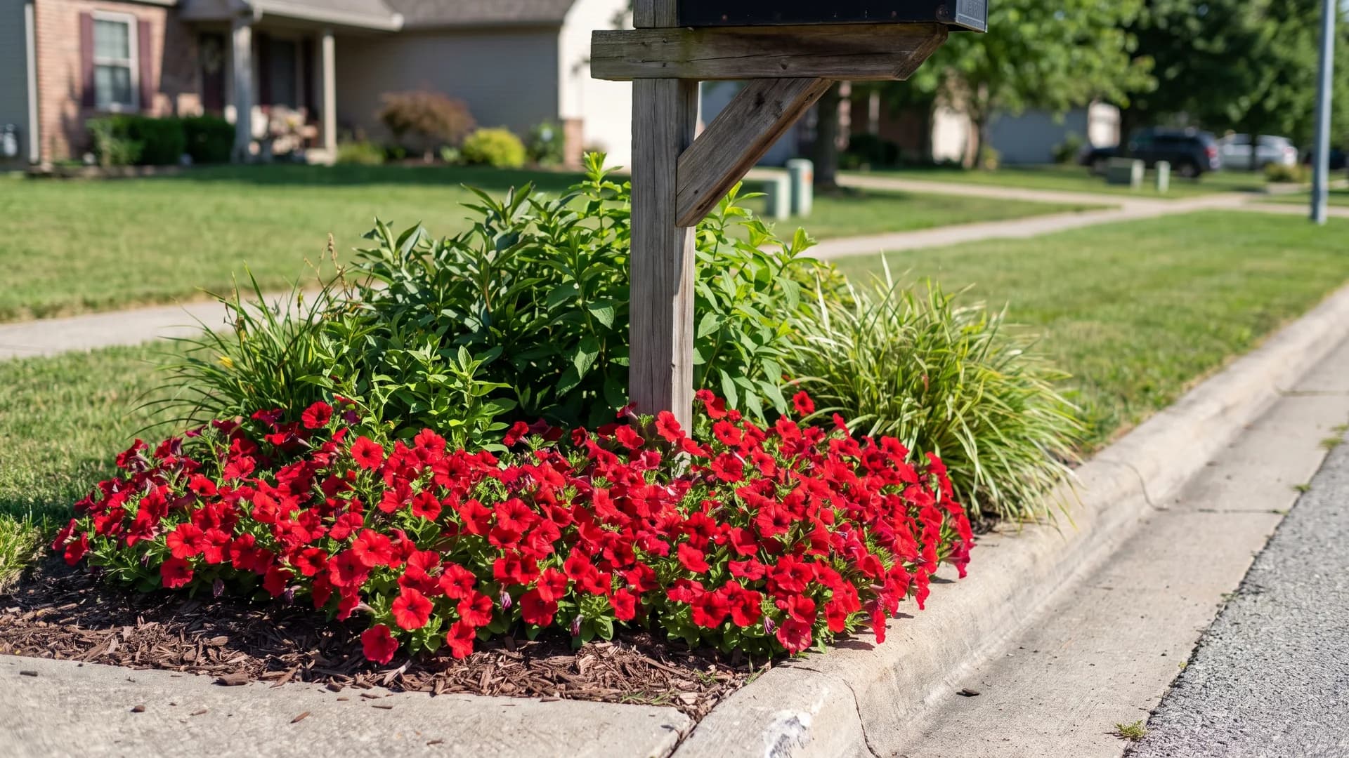 Red petunias planted in the front gap of a mailbox bed