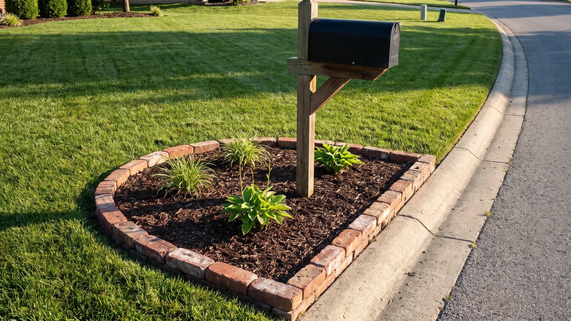 Brick edging circle around a mulched mailbox bed