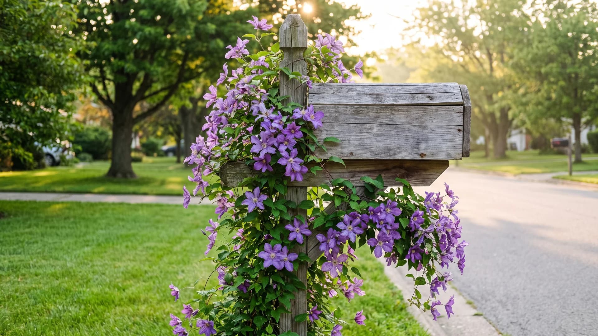 Purple clematis vine climbing a wooden mailbox post in bloom