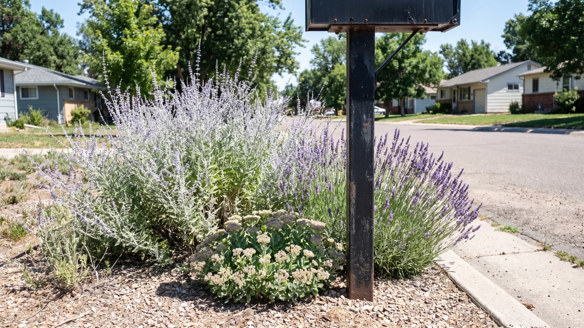 Russian sage, sedum, and lavender planted around a mailbox in dry conditions