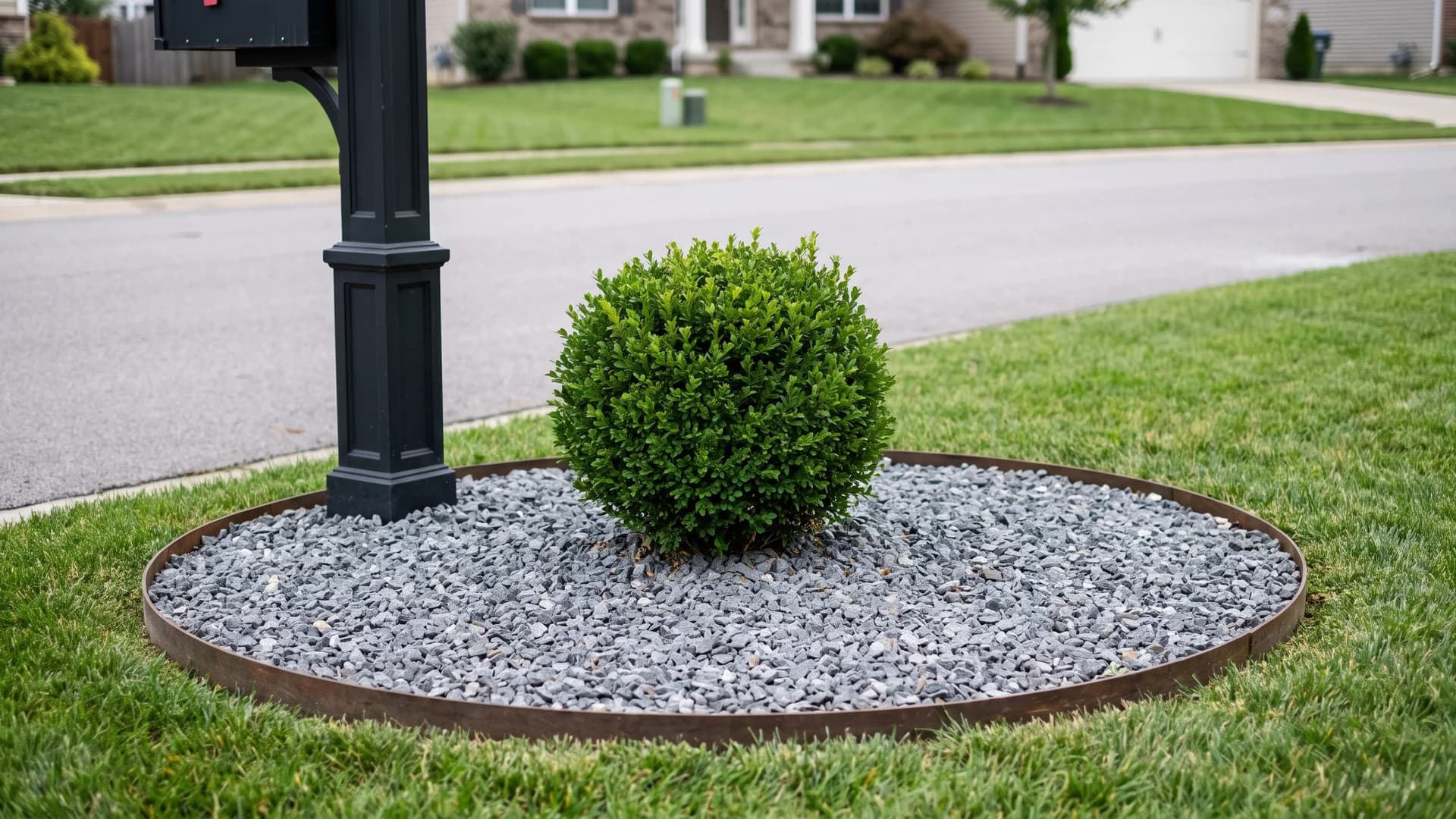Single dwarf boxwood beside a mailbox in a neat gravel circle