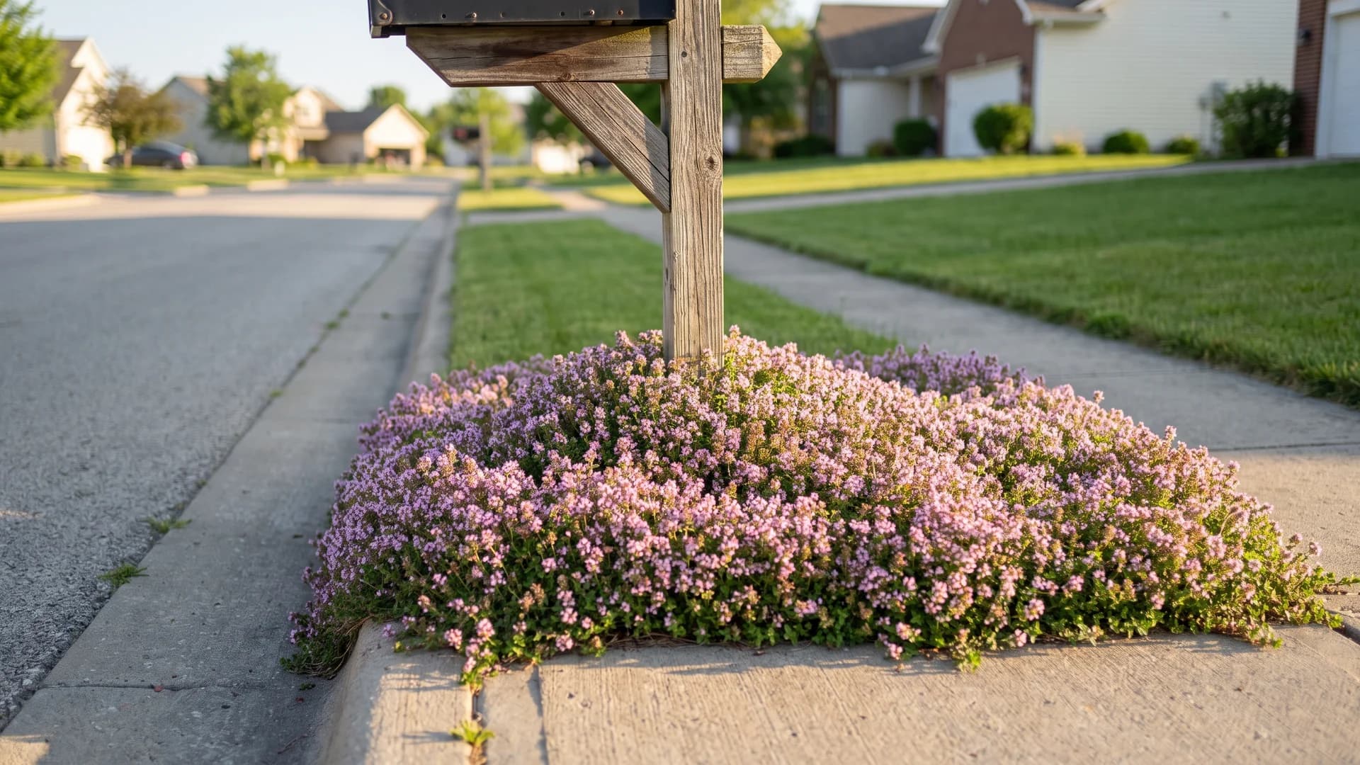 Creeping thyme groundcover surrounding a mailbox post with small blooms