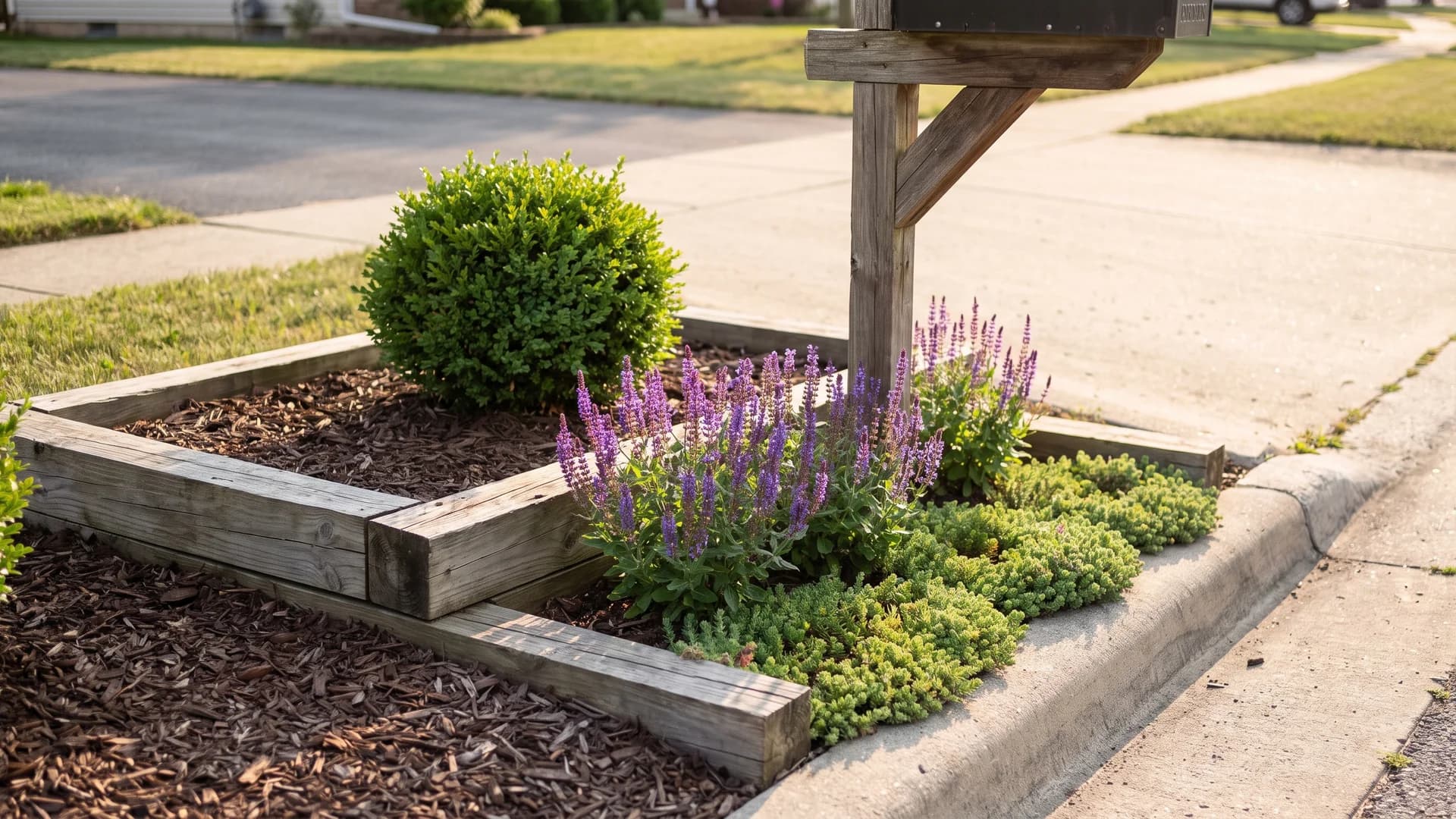 Layered mailbox bed with dwarf evergreen, flowering middle, and low sedum edge