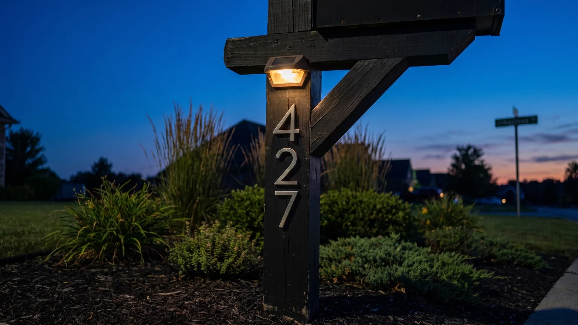 Mailbox post with solar light and large modern house numbers at dusk