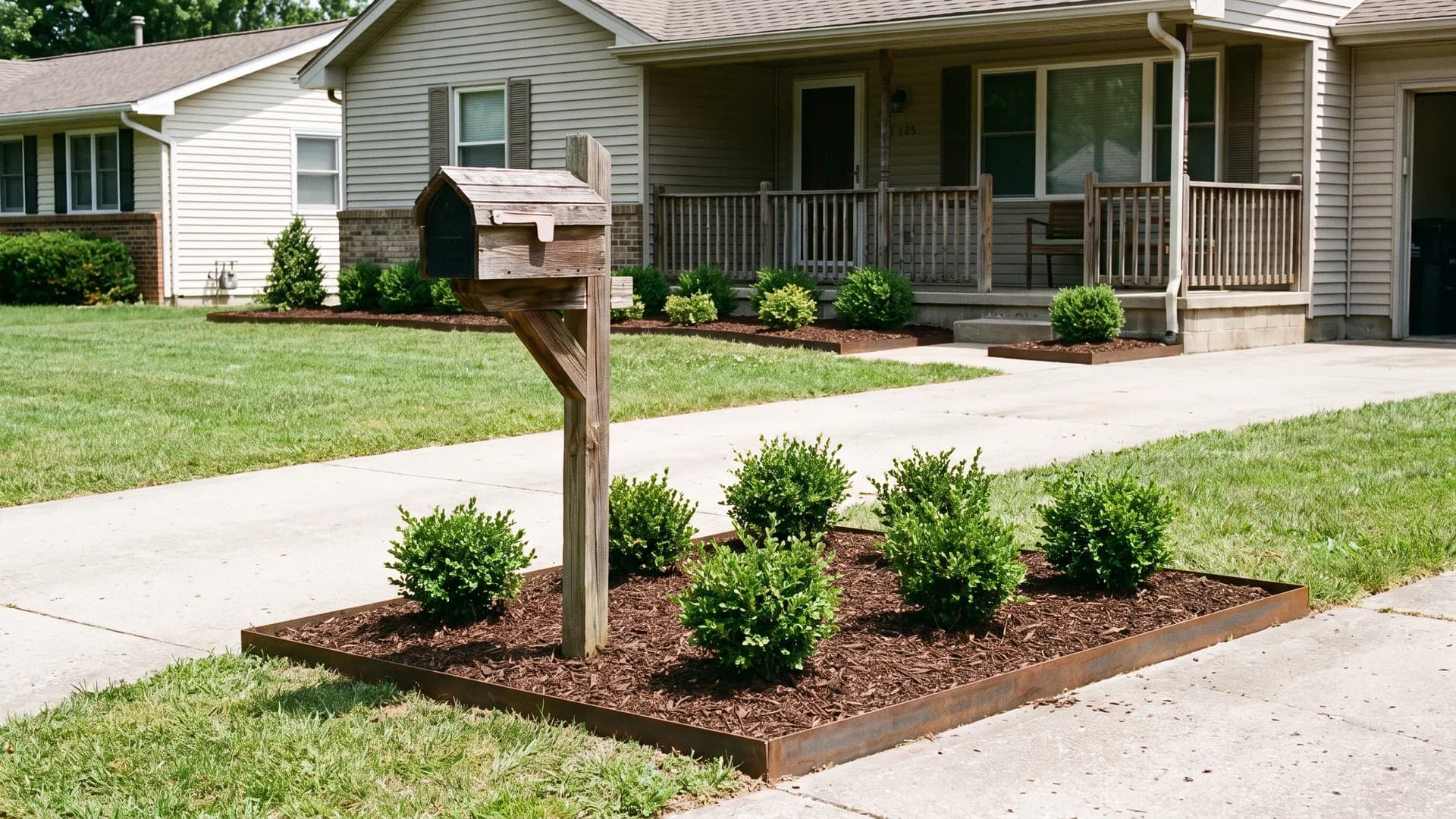 Mailbox bed using the same mulch, stone, and plants as the house foundation beds