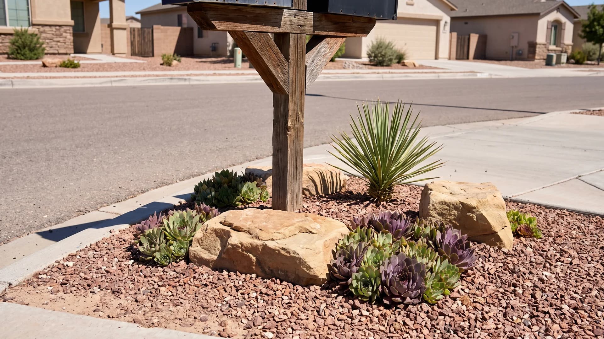Small rock garden with succulents and gravel around a mailbox in full sun