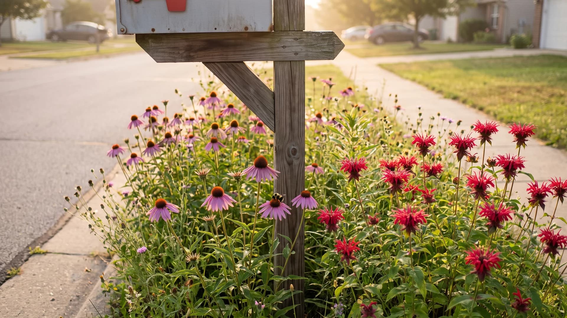 Native coneflowers and bee balm planted behind and beside a mailbox