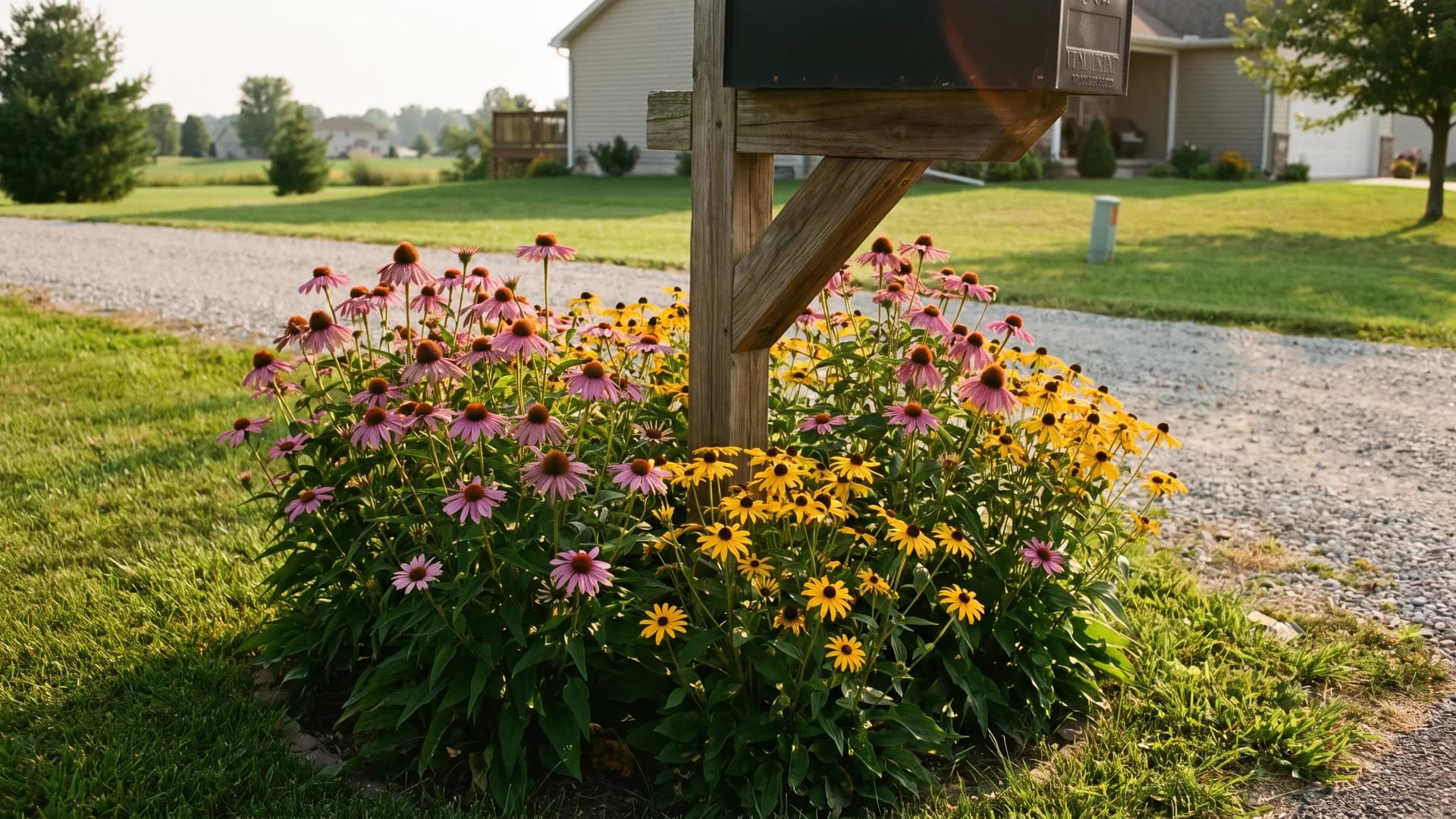 Coneflowers and black-eyed Susans blooming around a mailbox post