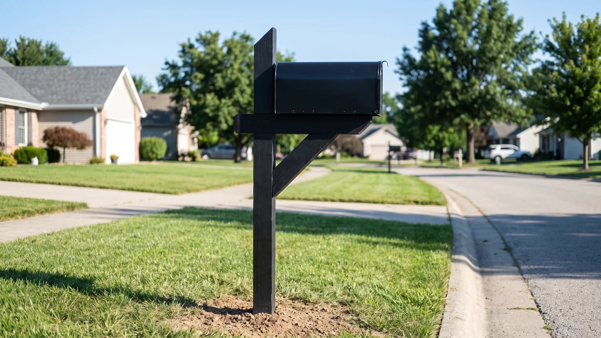 Freshly painted black mailbox post with new box in a tidy yard