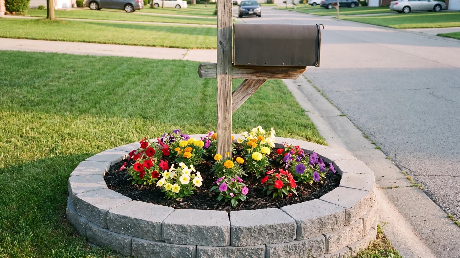 Mailbox landscaping ideas with a raised stone bed around a mailbox post planted with flowers