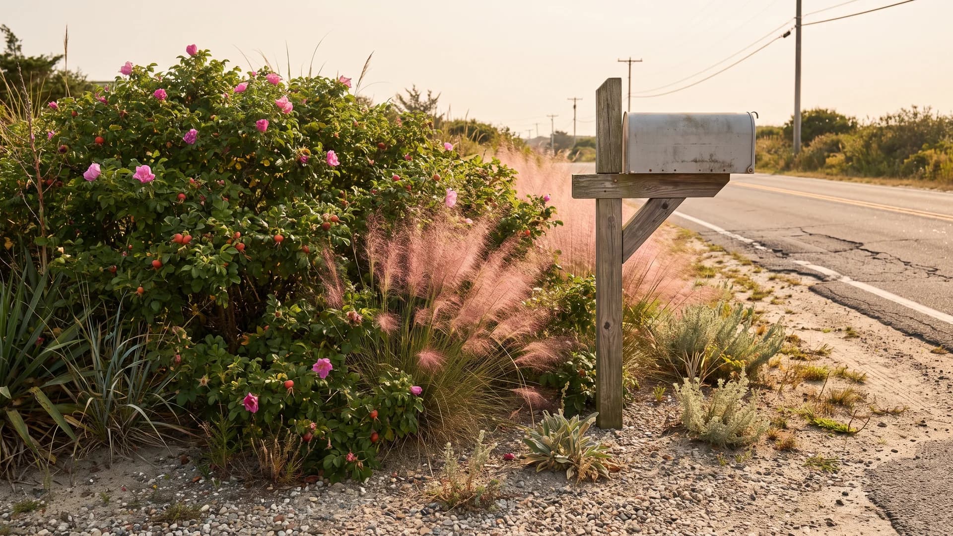 Rugosa rose and muhly grass planted near a roadside mailbox