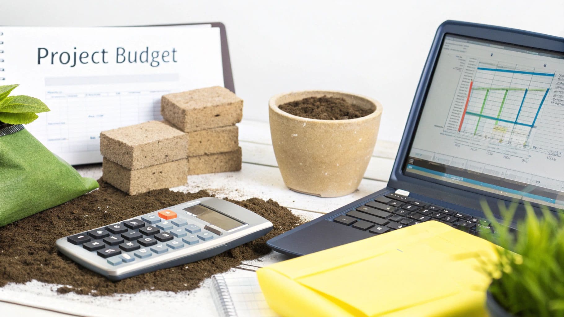 A workspace with a project budget document, calculator, laptop, and gardening elements like soil and a plant.