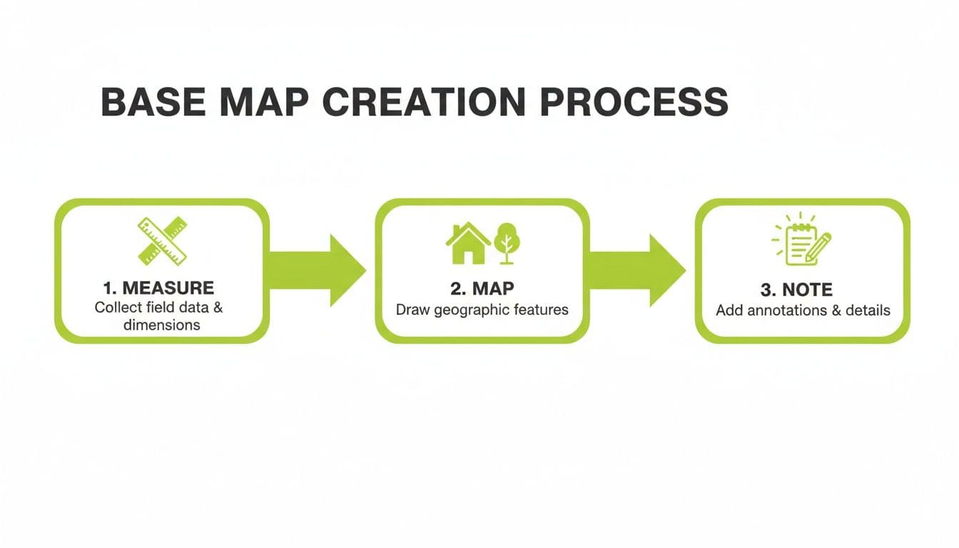 A three-step base map creation process showing measure, map features, and adding notes.