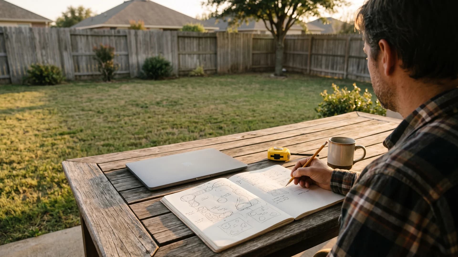 A homeowner at a backyard table sketching a garden layout in a notebook, with a tape measure and a closed laptop beside him