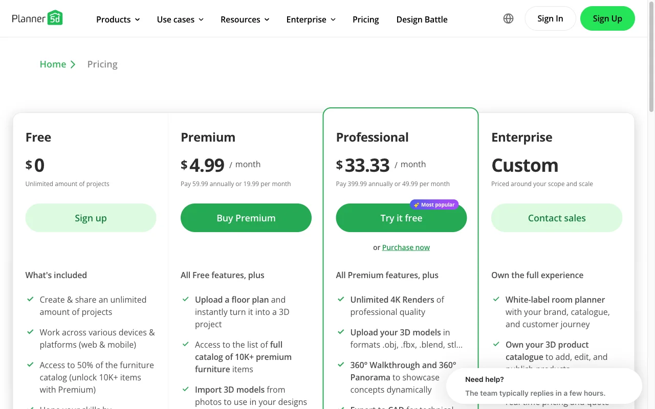Planner 5D pricing page showing the Free, Premium, Professional and Enterprise plans with monthly equivalents of $4.99 and $33.33