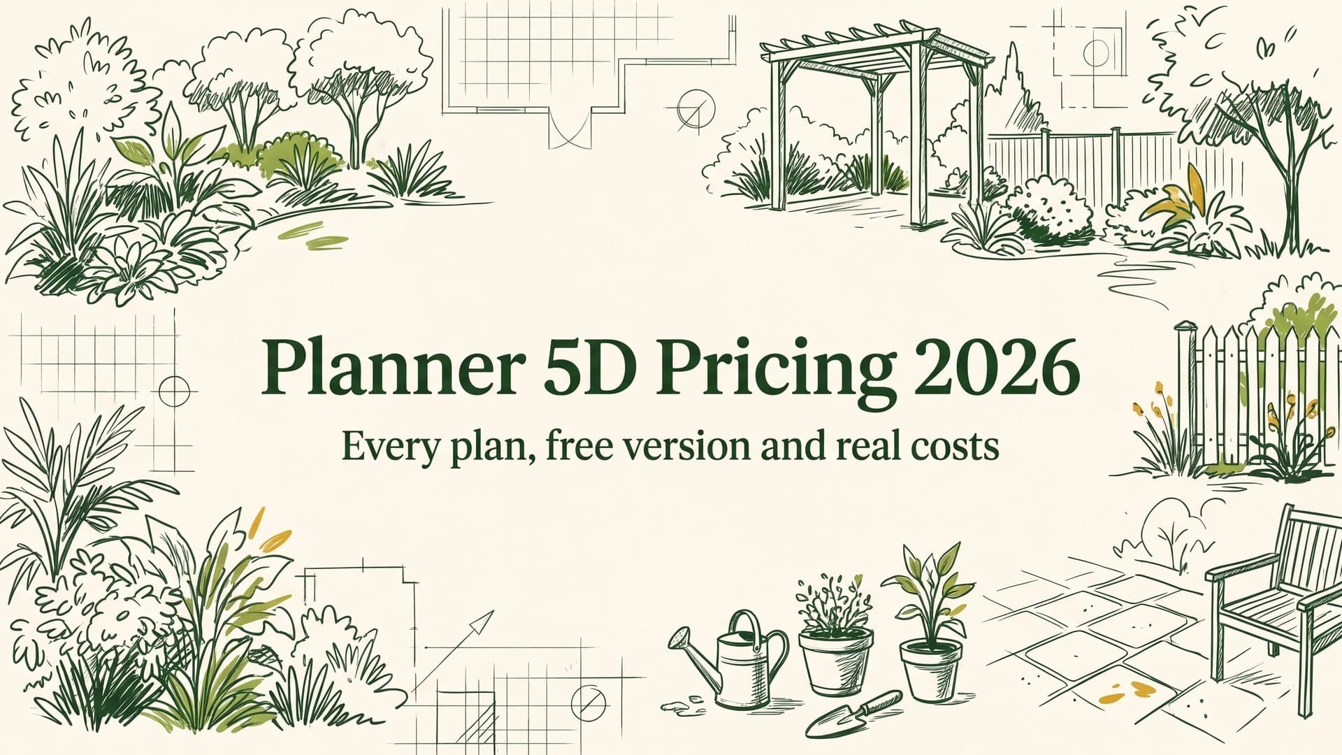 Planner 5D pricing 2026 cover with hand-drawn sketches of a pergola, picket fence, potted plants, a garden bench and grid floor plans