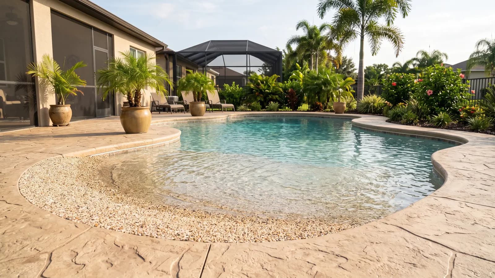 A freeform pool with a zero-depth beach entry where a pebble finish slopes gradually from the deck into the water