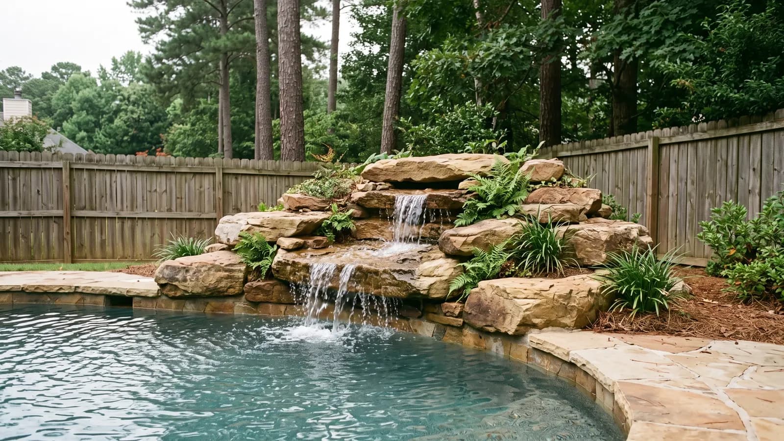 A modest sandstone boulder waterfall at the corner of a freeform pool with ferns between the rocks and pine trees behind