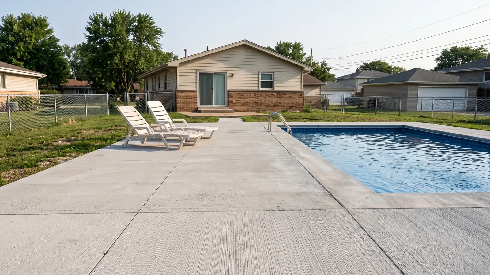 A light gray broom-finish concrete pool deck with saw-cut joints and a cantilevered edge around a rectangular pool