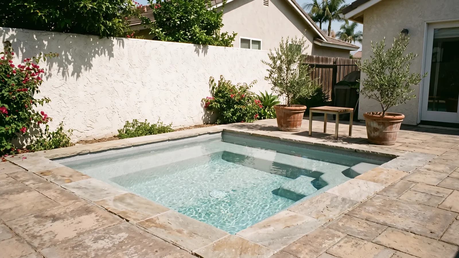A square cocktail pool with a built-in underwater bench along two walls, set in a small paver patio with potted olive trees
