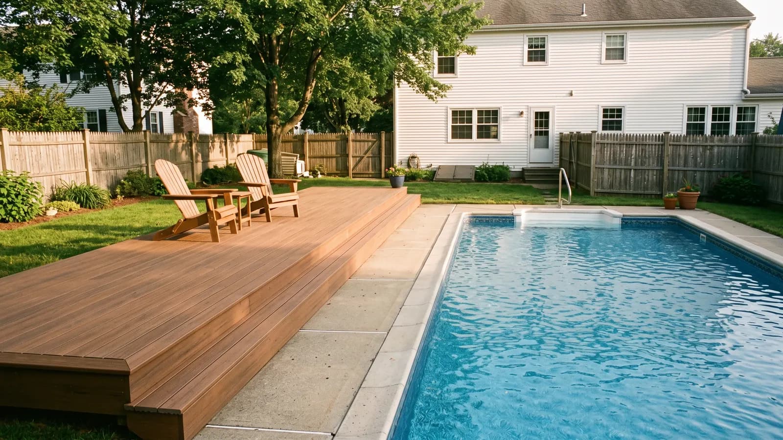A raised composite deck in a warm brown tone running along one long side of a rectangular pool with Adirondack chairs
